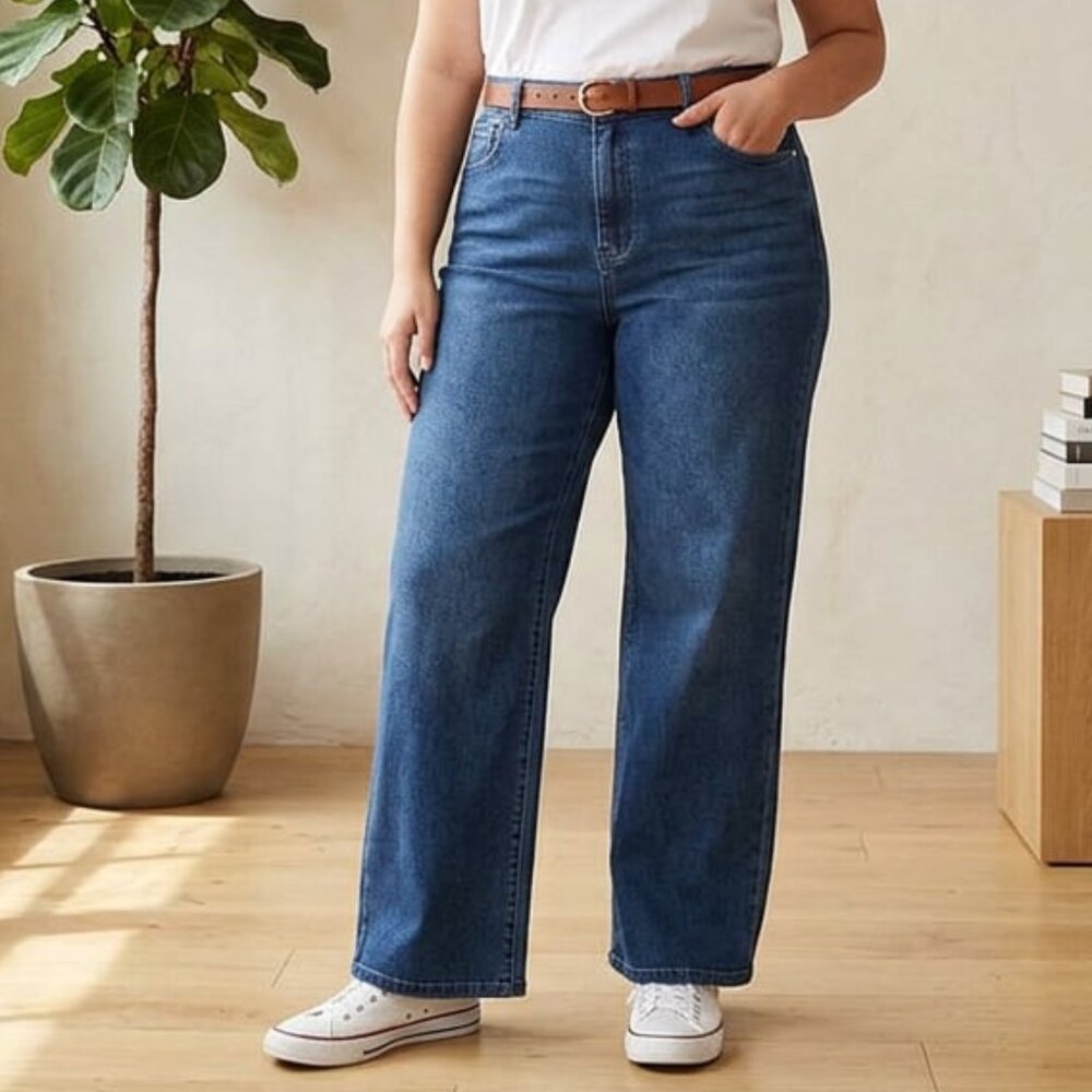 Ettelo Women's Wide Straight Leg High Waisted Stretch Jeans Size 14, Dark Blue